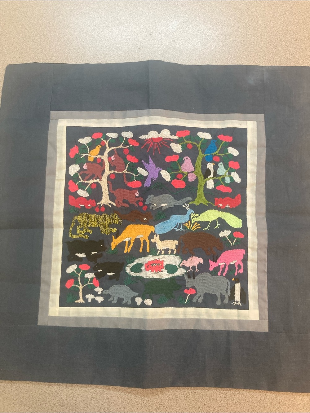 Embroidered Animal Scene Square Pillow Cover in Navy with Multicolor Motif